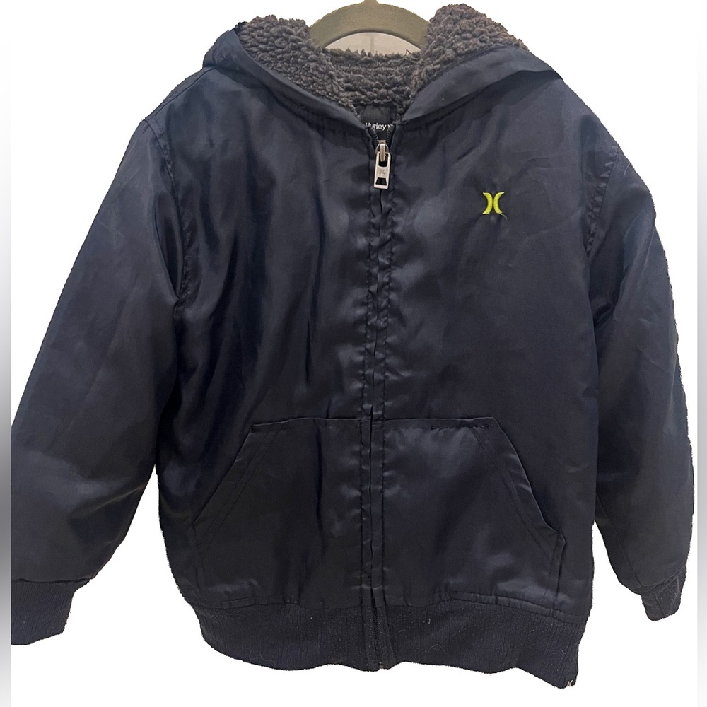 Hurley Boys Black Hooded Jacket w/ Neon Green Logo – Size 5